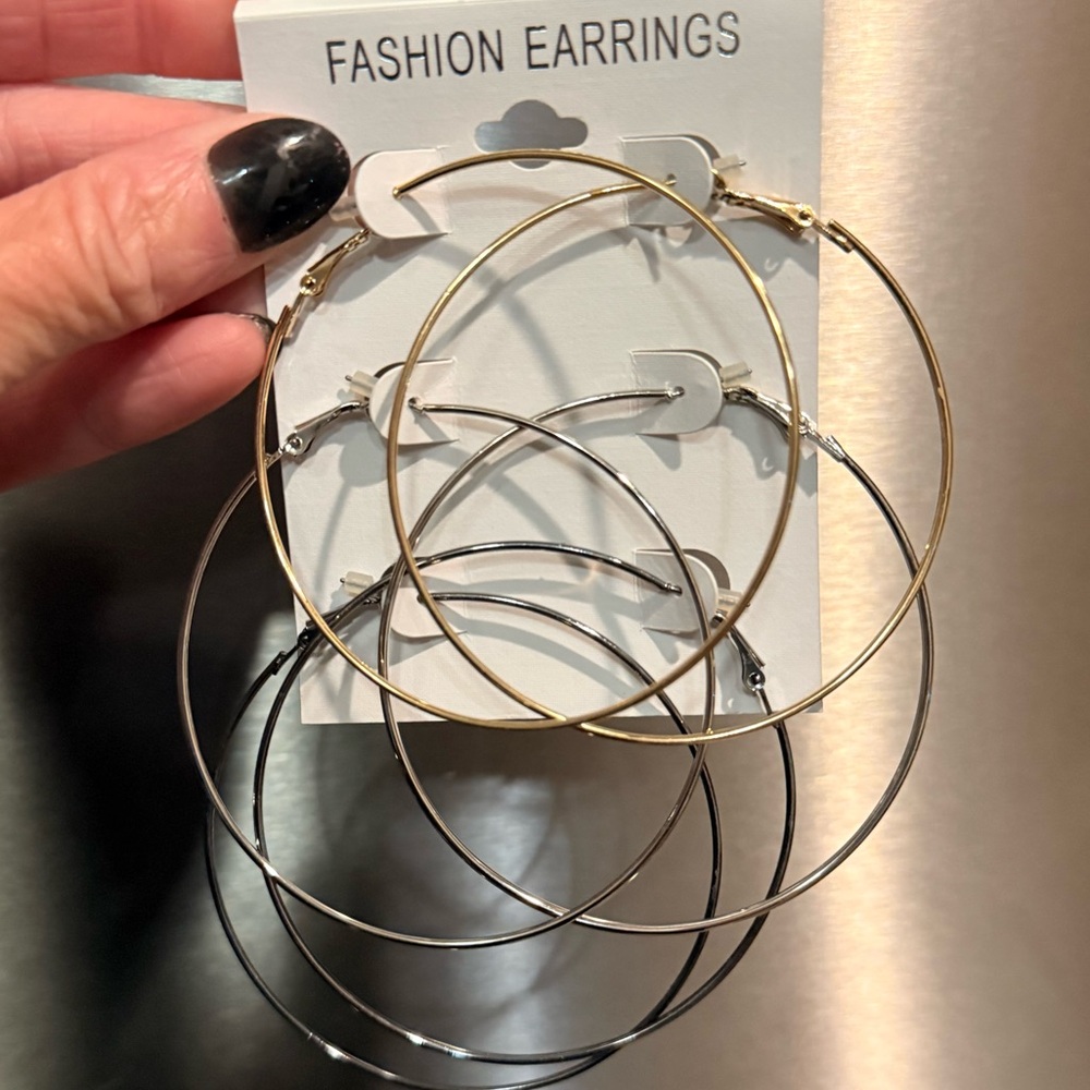 3 Pair Large Thin Hoop Earrings- Multi